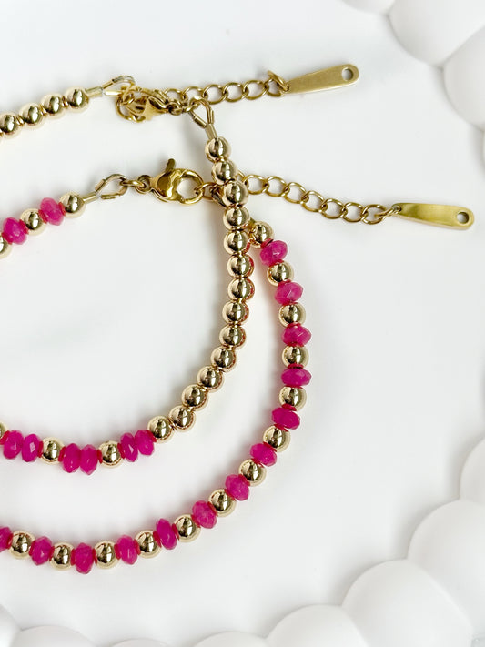 Gold Plated Pink Agate Bracelet Set